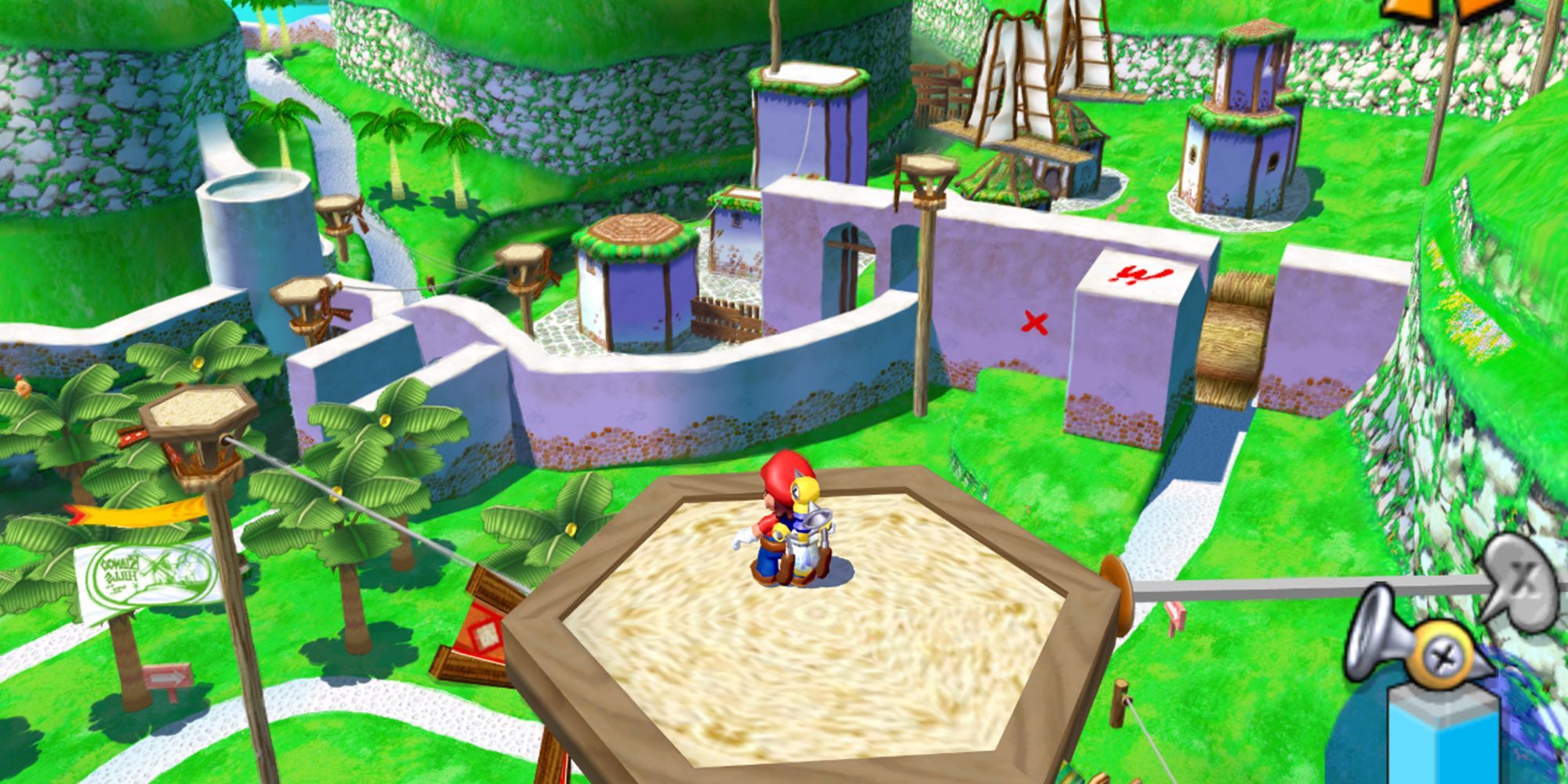 Bianco Hills from Super Mario Sunshine, with Mario looking out across a series of walls from a wooden platform