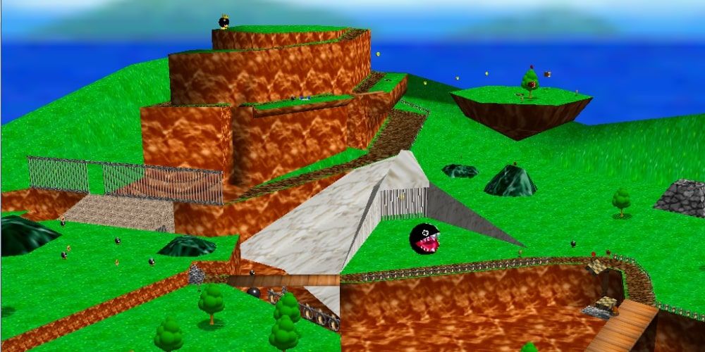 View of the Bob-omb Battlefield in Super Mario 64, with a Chain Chomp looking menacing
