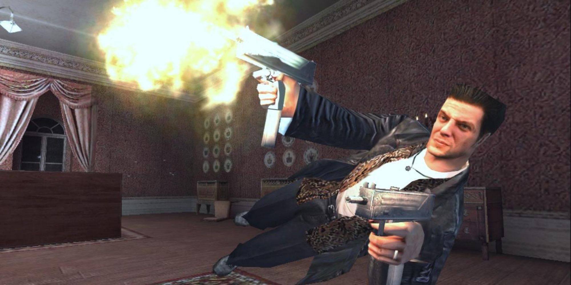 Sam Lake's Max Payne model bullet-dodging and shooting dual-wield uzis at enemies.