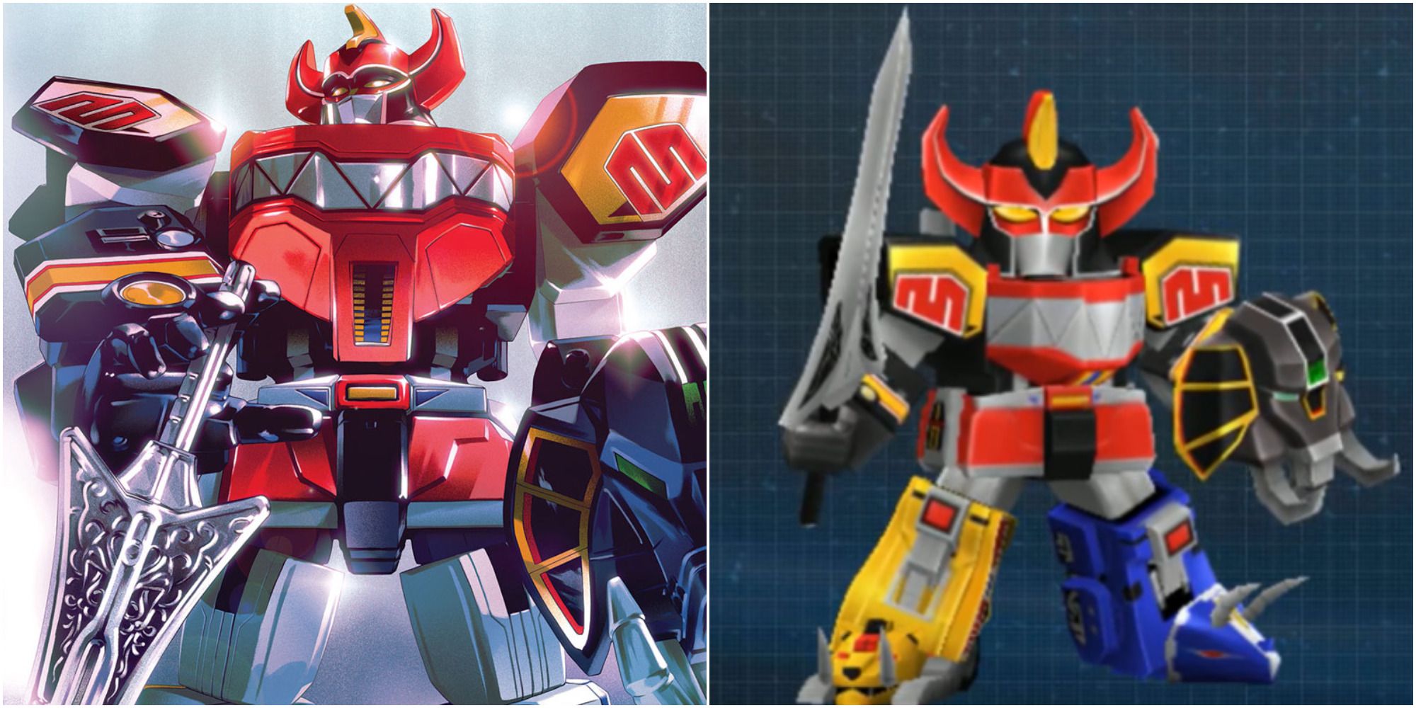The dino megazord as it appears in Boom Studios' Power Rangers comic and counterpart  Daizyujin in Super Robot Wars