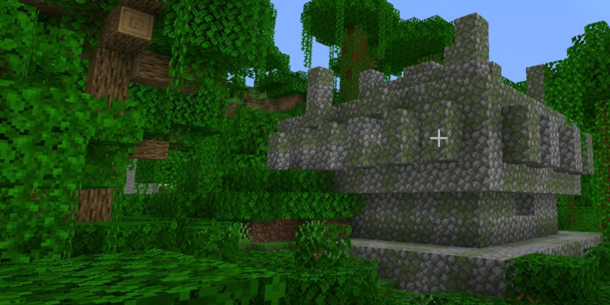 A screenshot showing a temple in a jungle in Minecraft