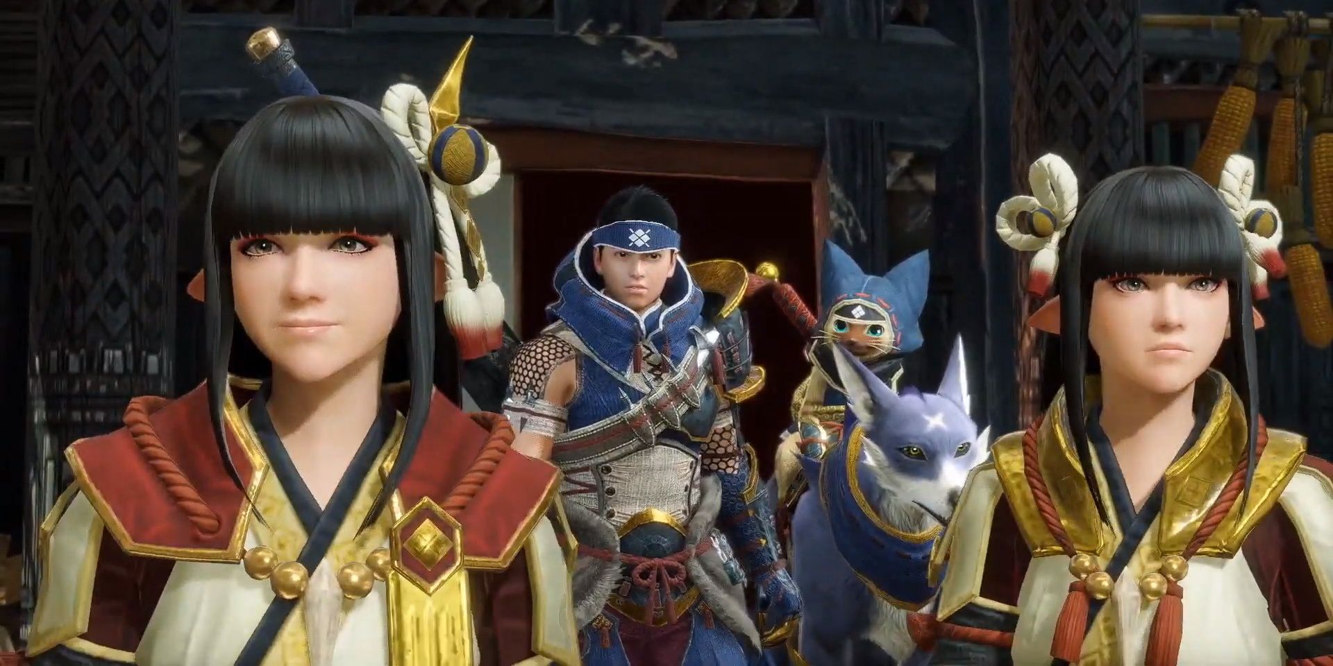 A screenshot showing several characters in Monster Hunter Rise