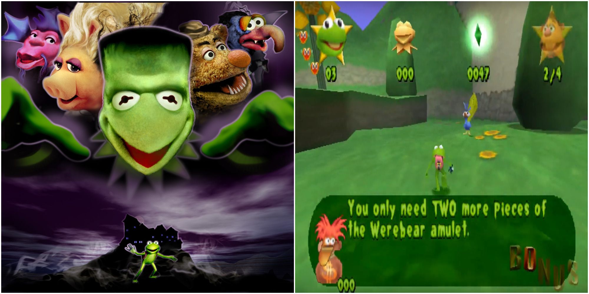 Split image The cover of Muppet Monster Adventure featuring Kermit, Miss Piggy, Fozzie, Gonzo, and Clifford as monsters, and gameplay of Robin Running
