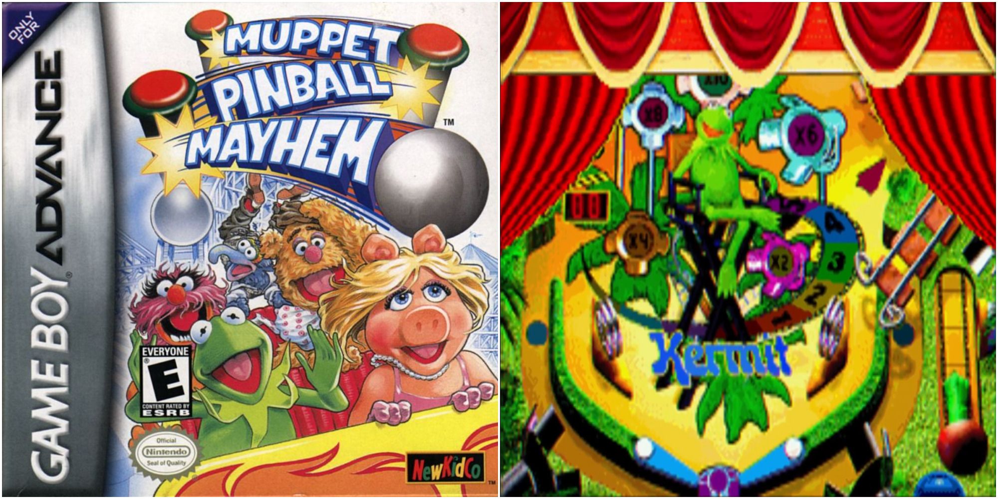 Muppet Pinball Mayhem split image Kermit the frog, Fozzie Bear, Miss Piggy, Gonzo, and Animal on a roller coaster and in-game Kermit pinball table