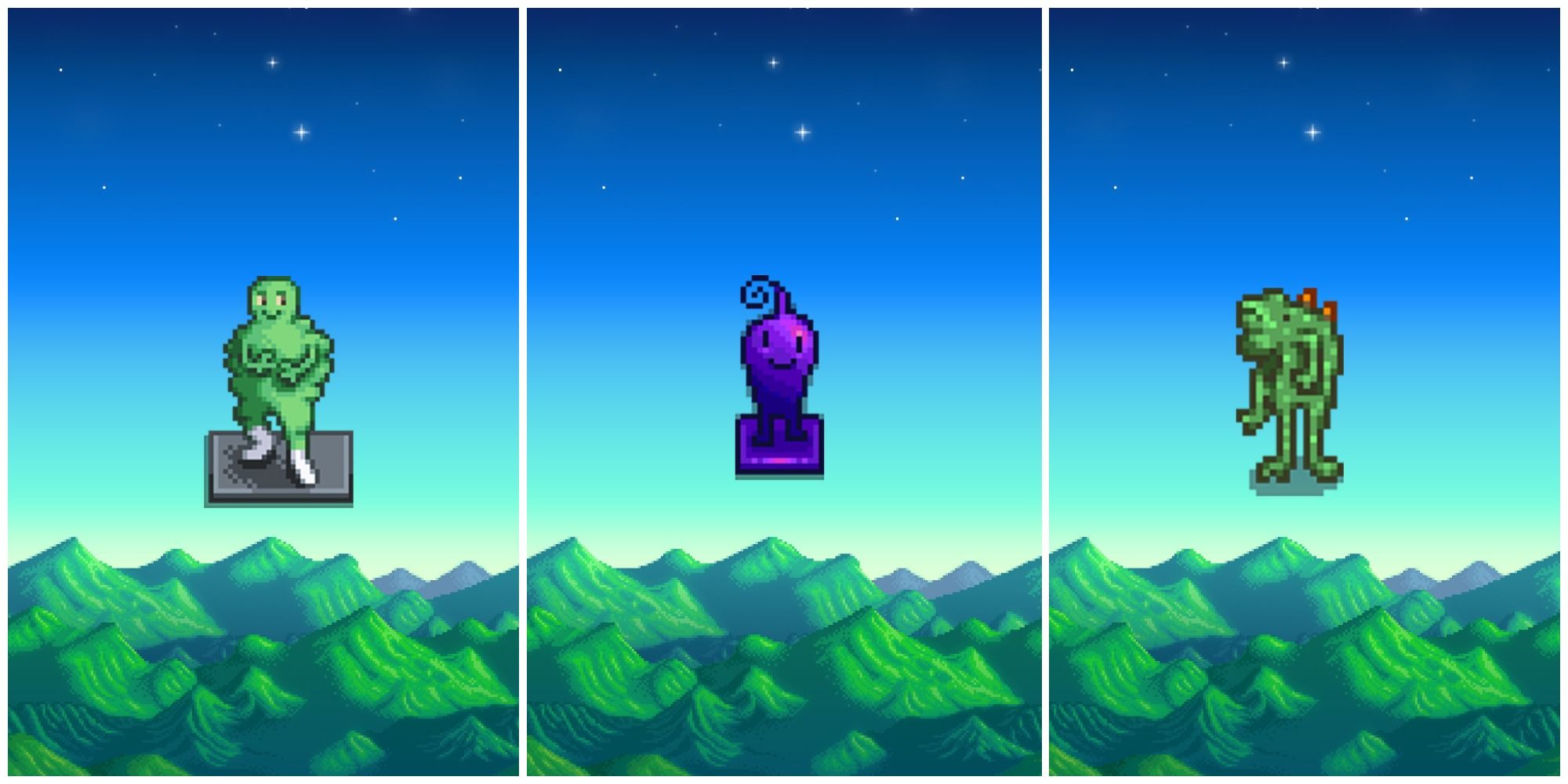 Split image of Stardew Valley Secret Statues from left to right, Wumbus, Iridium Krobus, and Foroguemon