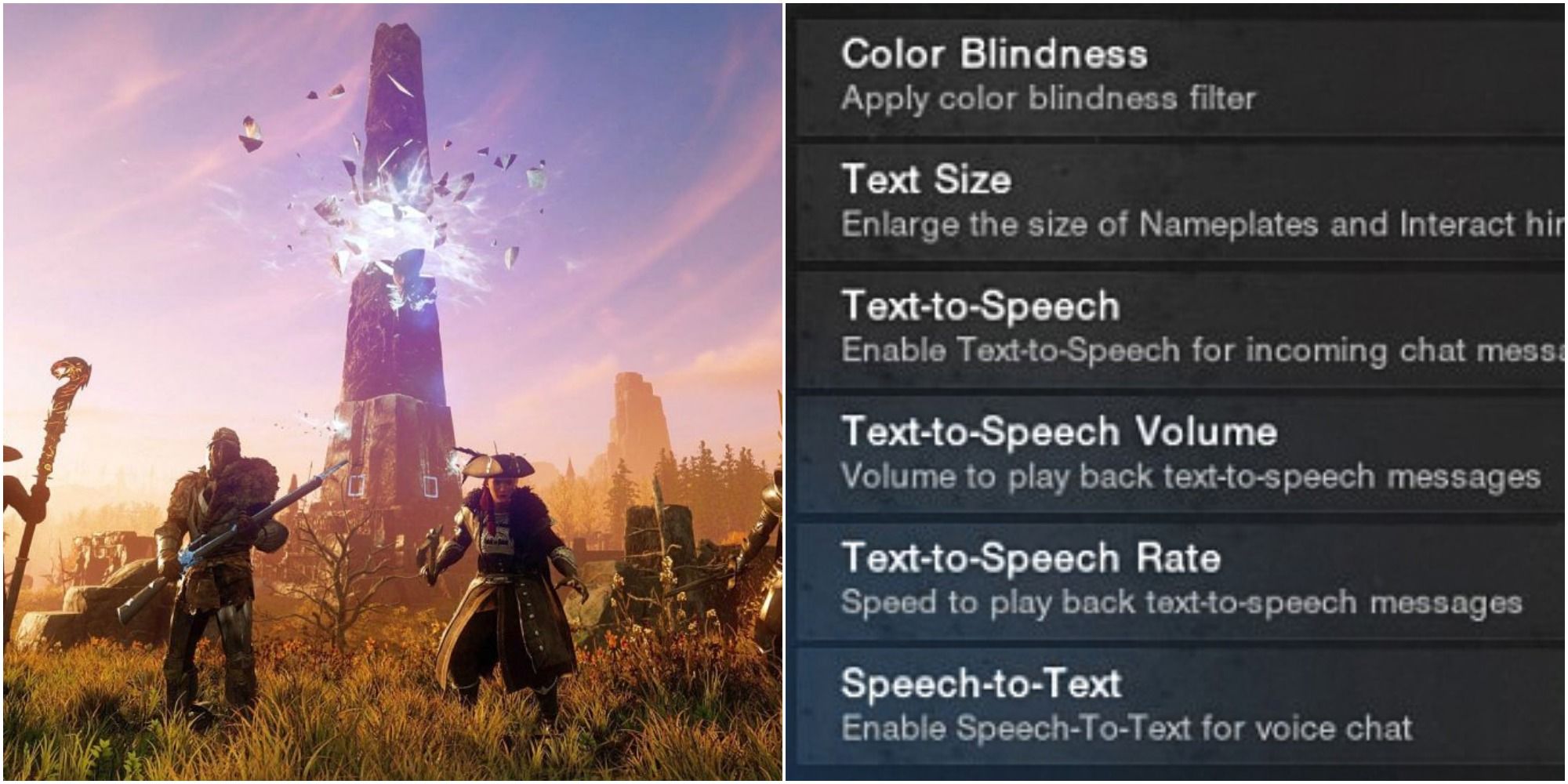 A split image of a still from New World of a tower exploding with magic and a party of heroes standing in the foreground, next to the game's accessibility settings