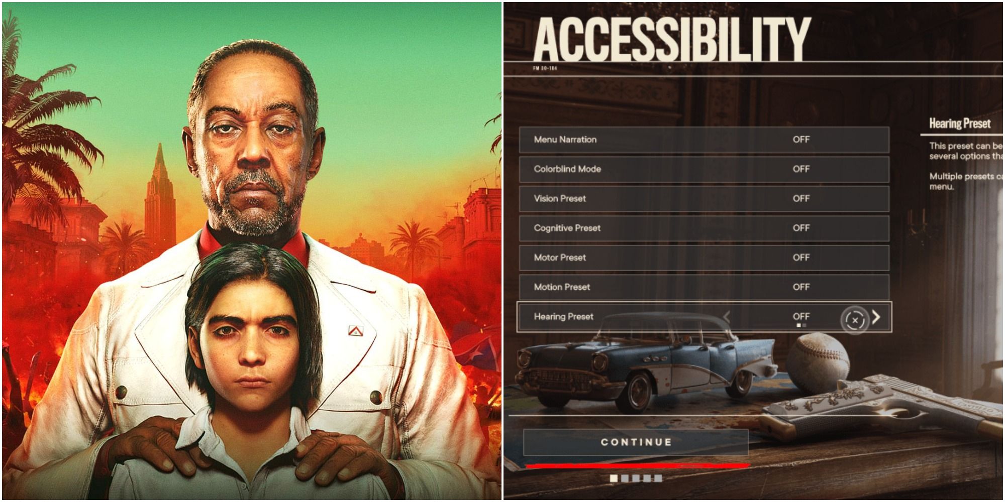A split image of the Far Cry 6 title art with Anton Castillo standing behind his son Diego, next to a still of the accessibility settings
