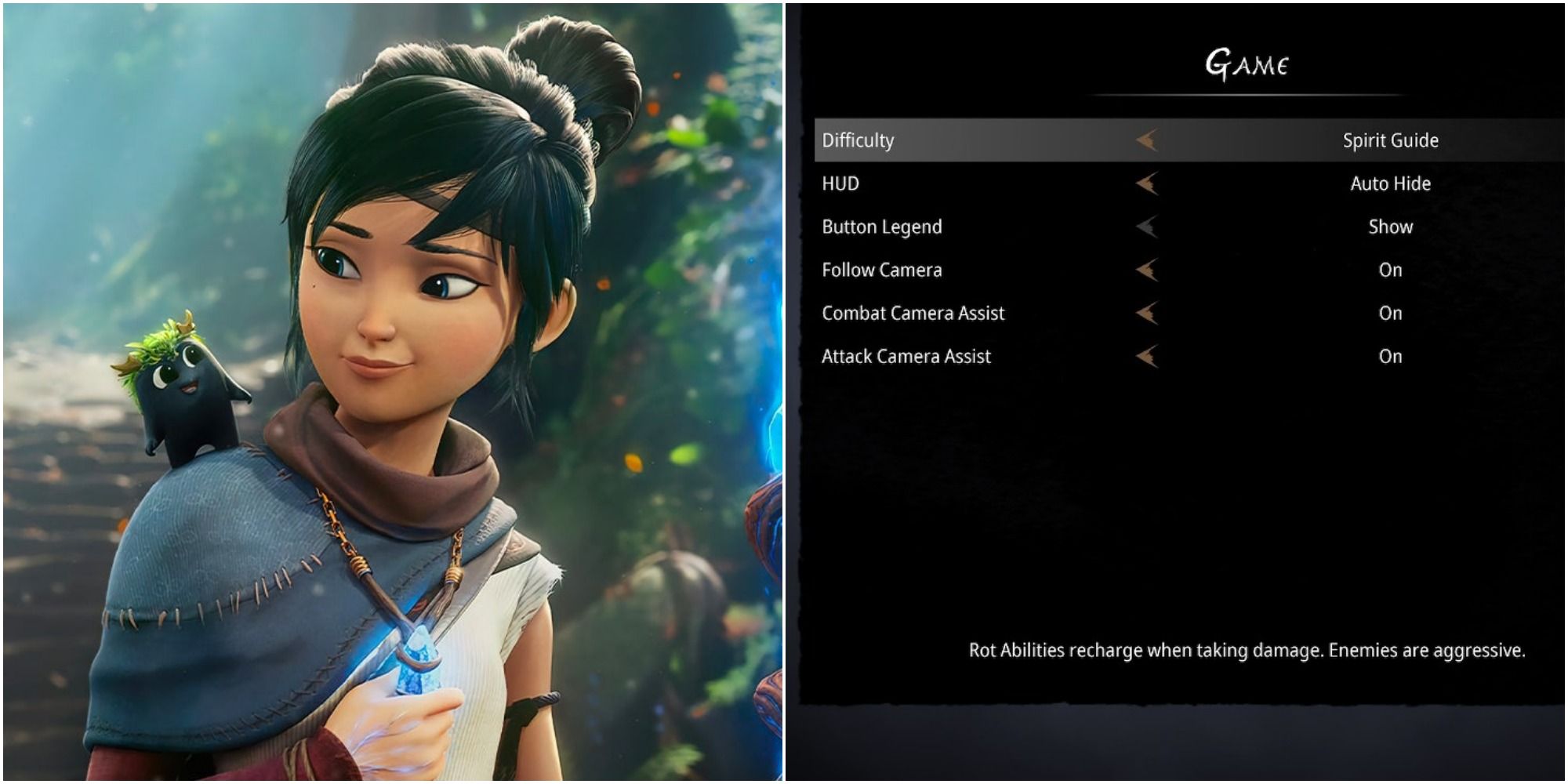 Split image of Kena smiling down at small Soot spirit standing on her shoulder and to the right a still of game settings