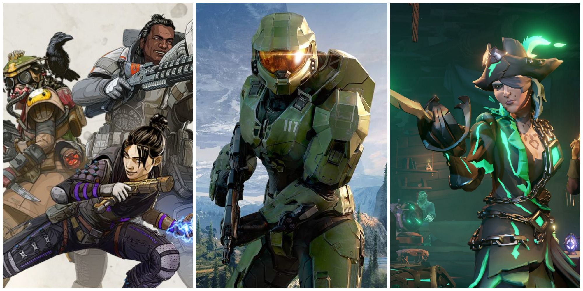 Split image of Bloodhound, Wraith, and Gibraltar from Apex Legends, Master Chief from Halo Infinite, and a pirate from Sea of Thieves