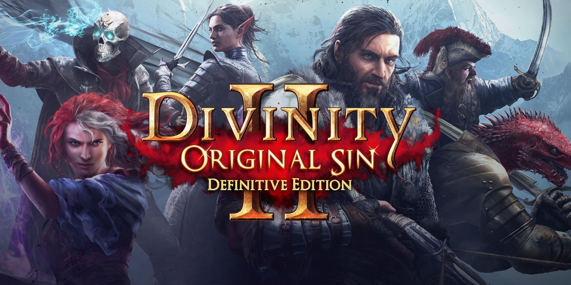 Title art for Divinity Original Sin with a group of heroes all posing and ready for battle with white mountains in the background