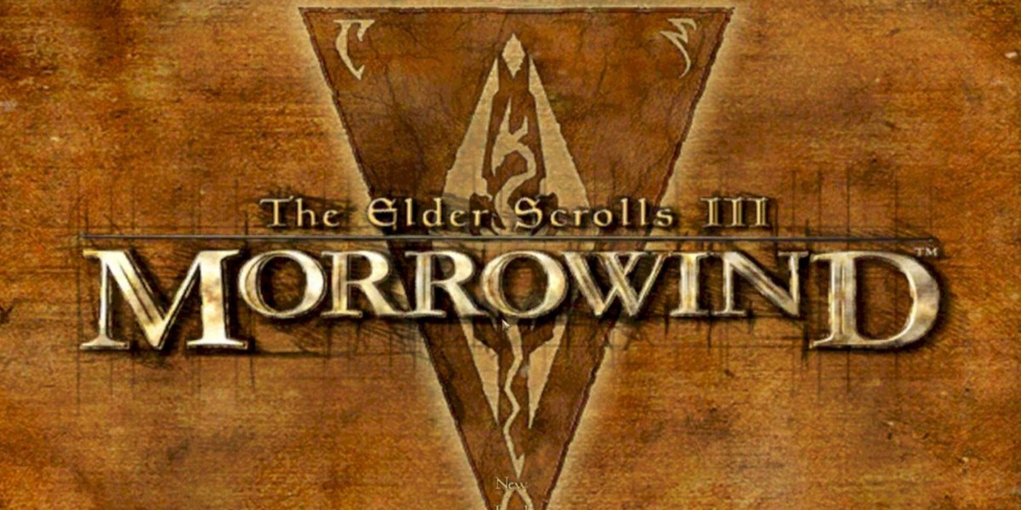 Title art for Morrowind on a sepia background with a dragon sigil behind