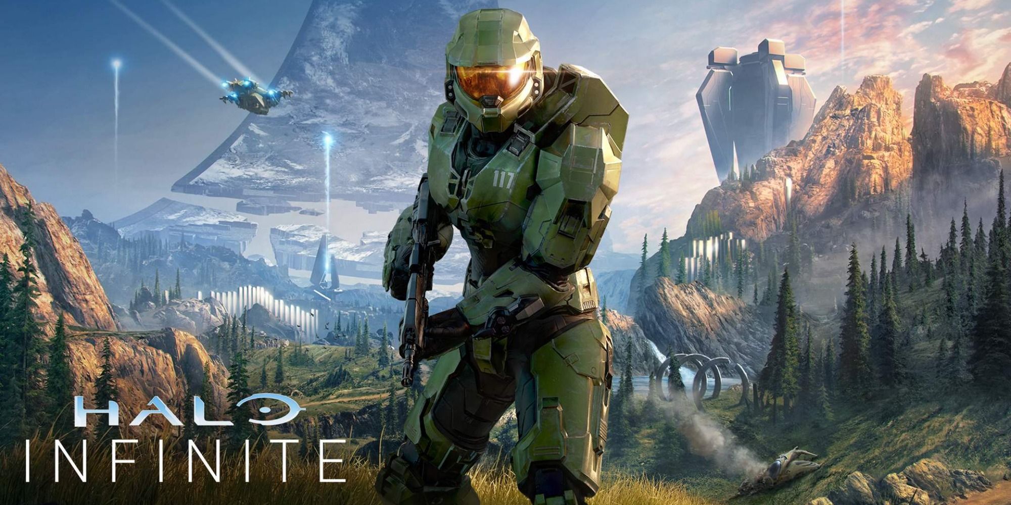 Title art for Halo Infinite with Master Chief standing in front of a sci-fi world background