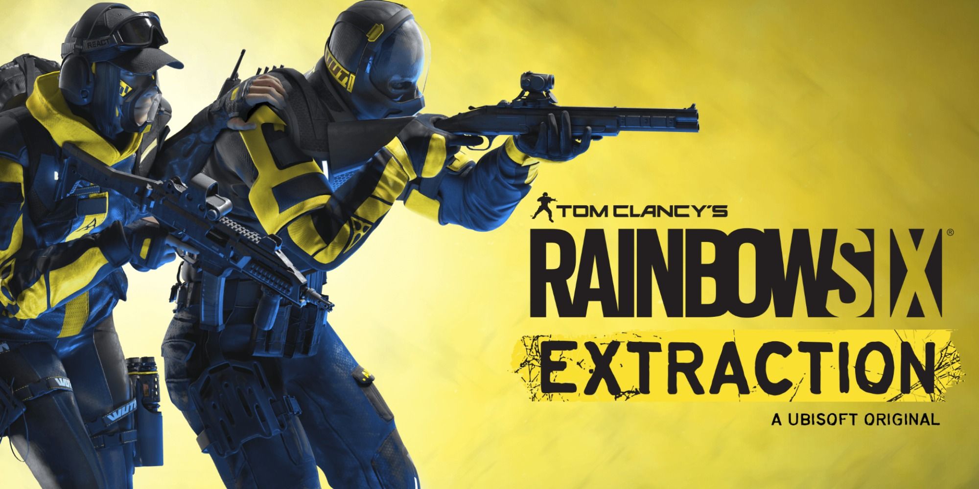 Title art for Rainbow Six Extraction with two armored teammates wielding weapons standing against a yellow background