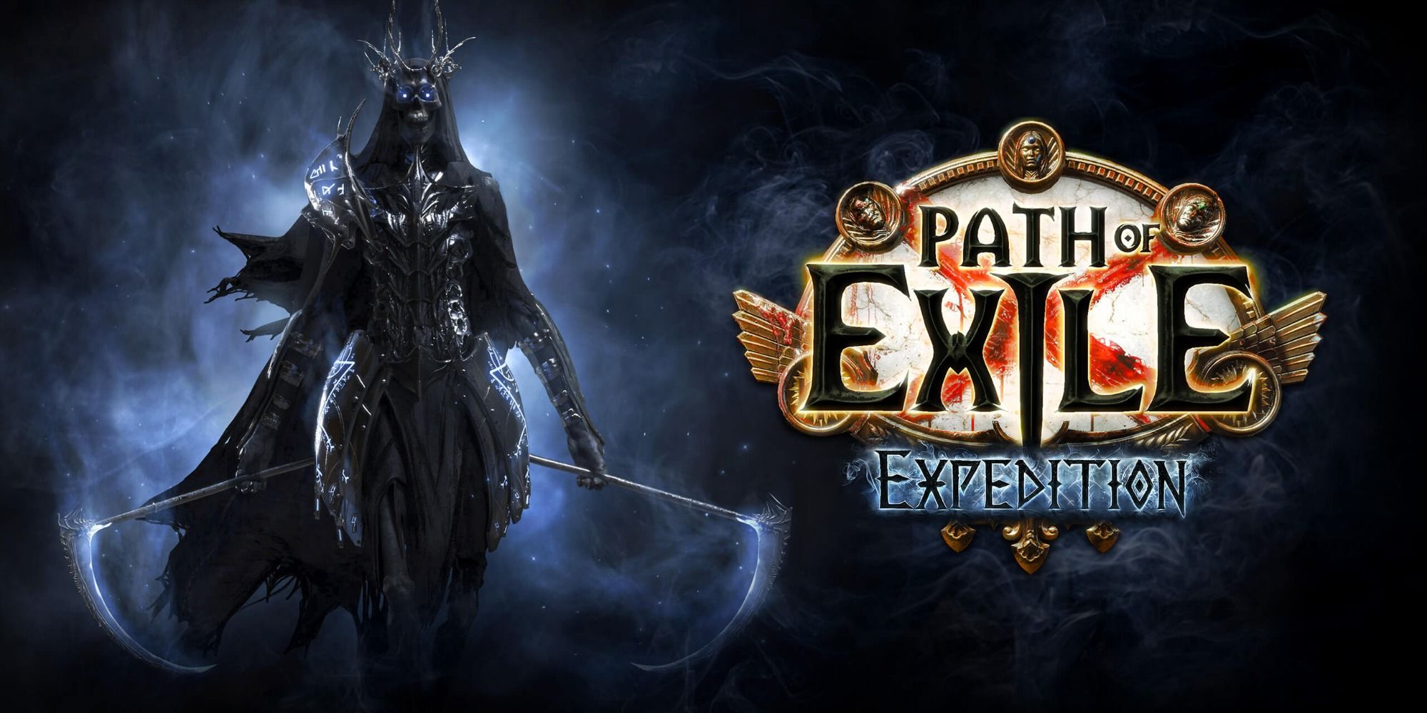 Title art for Path of Exile with a skeletal creature wielding double scythes against a dark glowy background