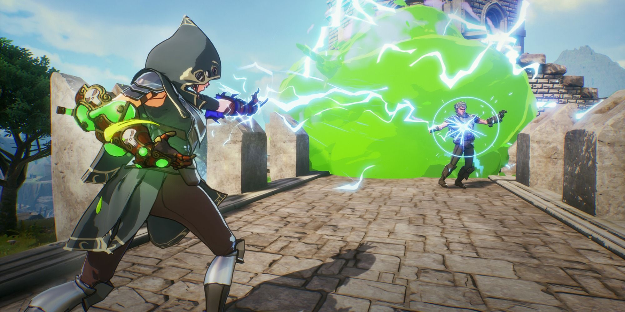 A fighter from Spellbreak uses a lightning gauntlet on a poison cloud to kill an enemy players