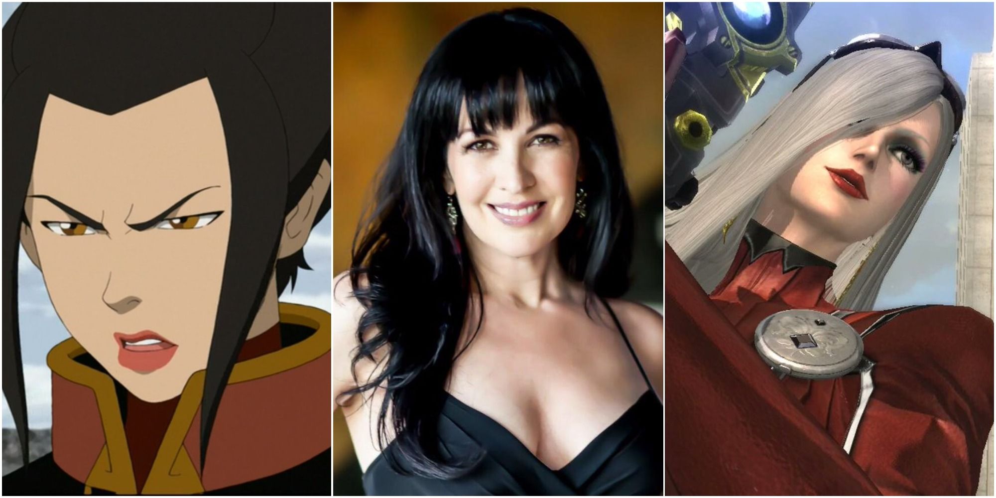 Princess Azula from Avatar: The Last Airbender (left) voice actress Grey Delisle-Griffin (middle) and Jeanne from Bayonetta 2 (right)