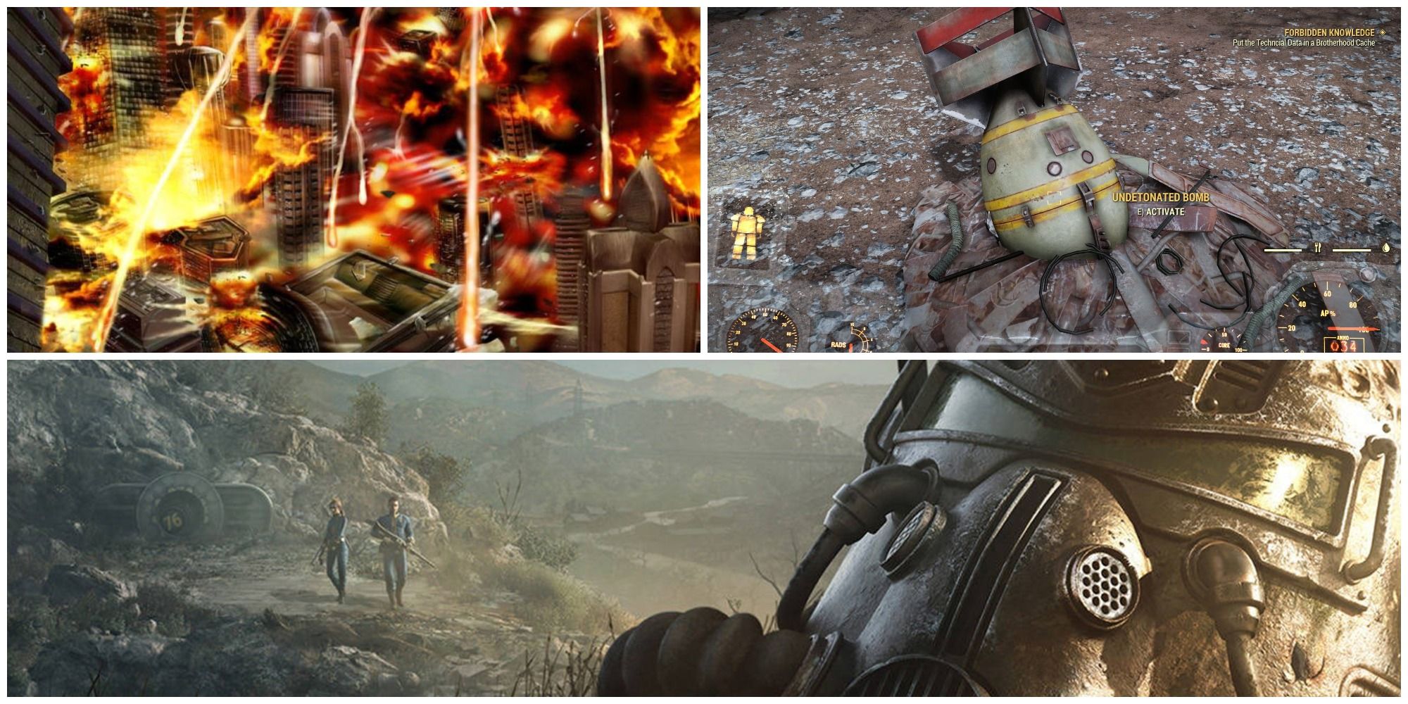 Fallout Header with throwback image top left, undetonated bomb top right, and fallout banner on bottom