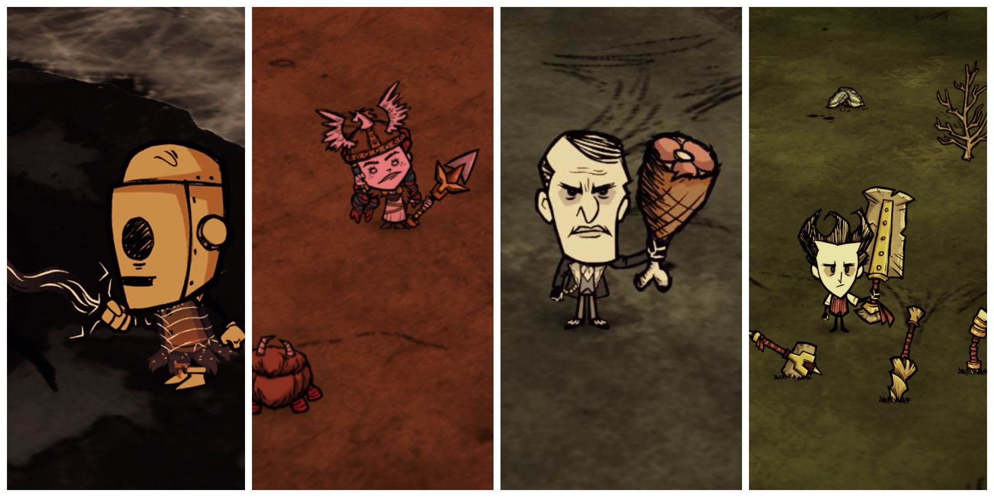 Split image Don't Starve Together Screenshots WX-78, Wigfrid, Maxwell and Wilson holding weapons 
