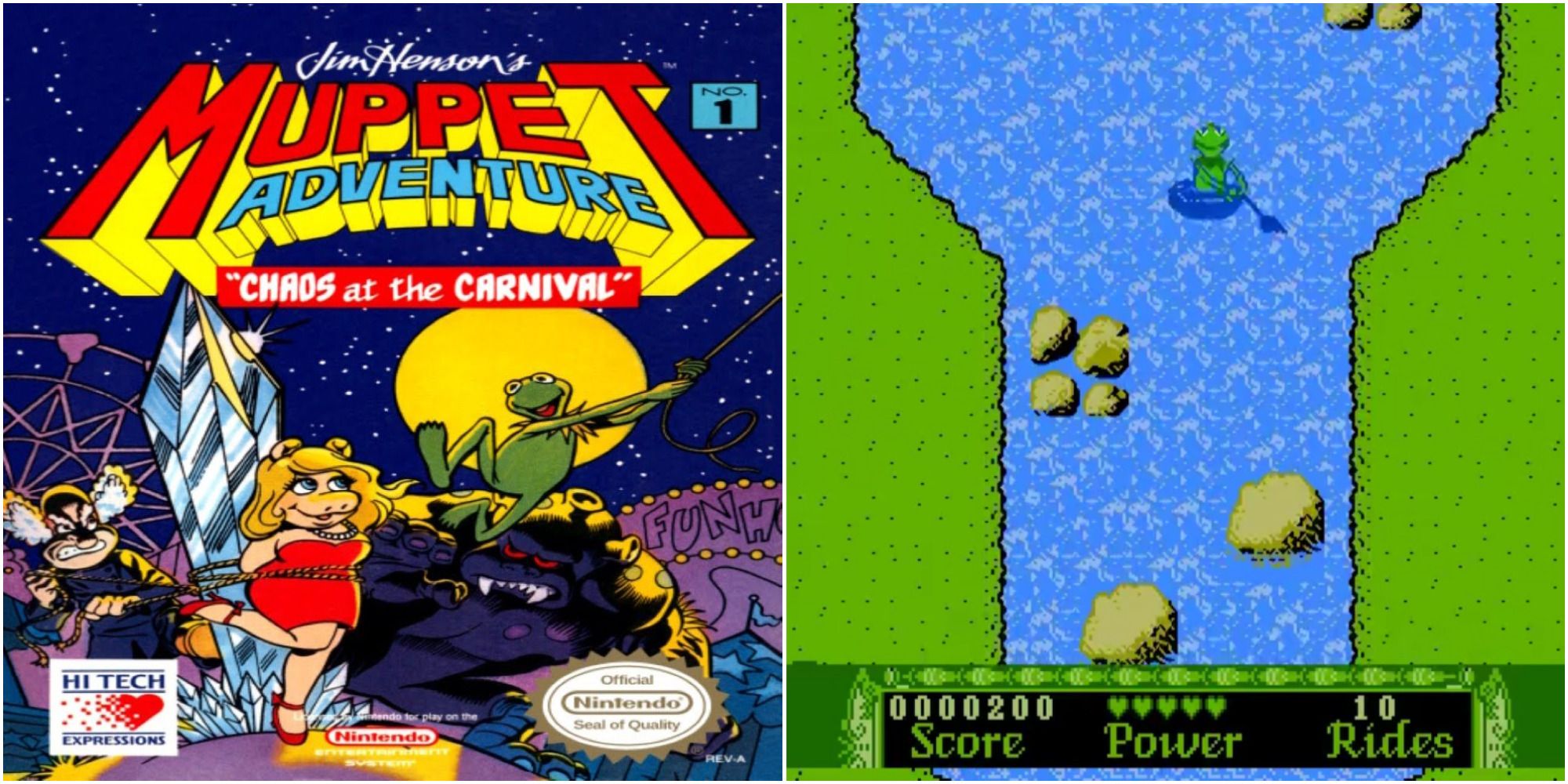 Split image Muppet Adventure Chaos at the Carnival Game Cover for the Nintendo Entertainment System with Kermit rescuing Miss Piggy and Kermit River Ride Gameplay