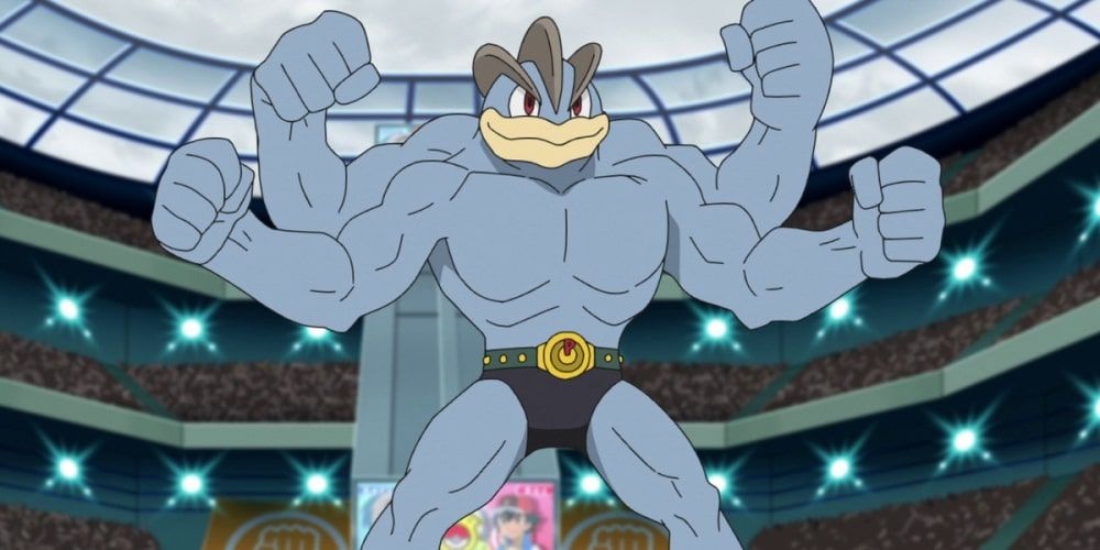 Machamp, smiling in a stadium and ready for battle.