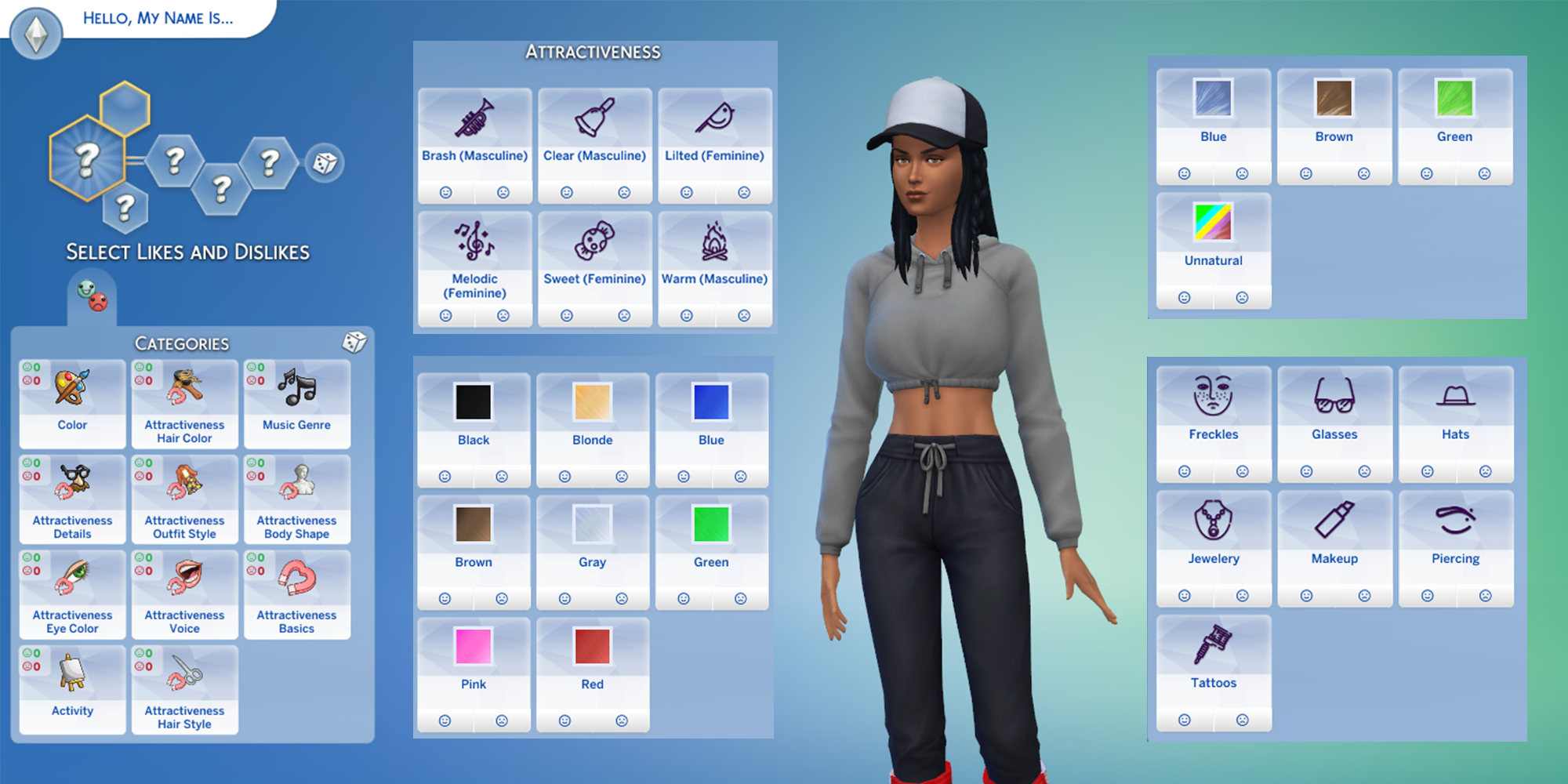 Menu of Sims 4 create a sim showing some of the options in picking your Sim's preferences.