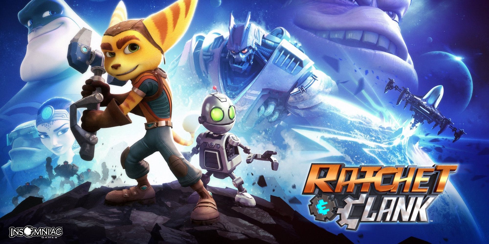 Ratchet and Clank 2016 cover art featuring Ratchet and Clank with other characters in the background. Image contains both game logo and Insomniac Games logo.
