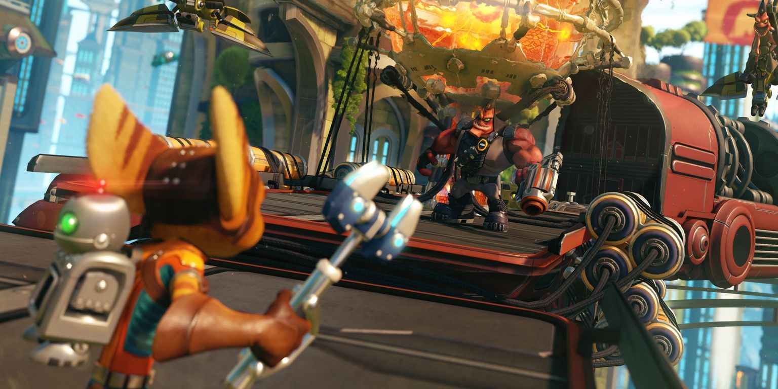 Ratchet with Clank on his back wielding the Omniwrench fighting boss Ratchet & Clank PS4