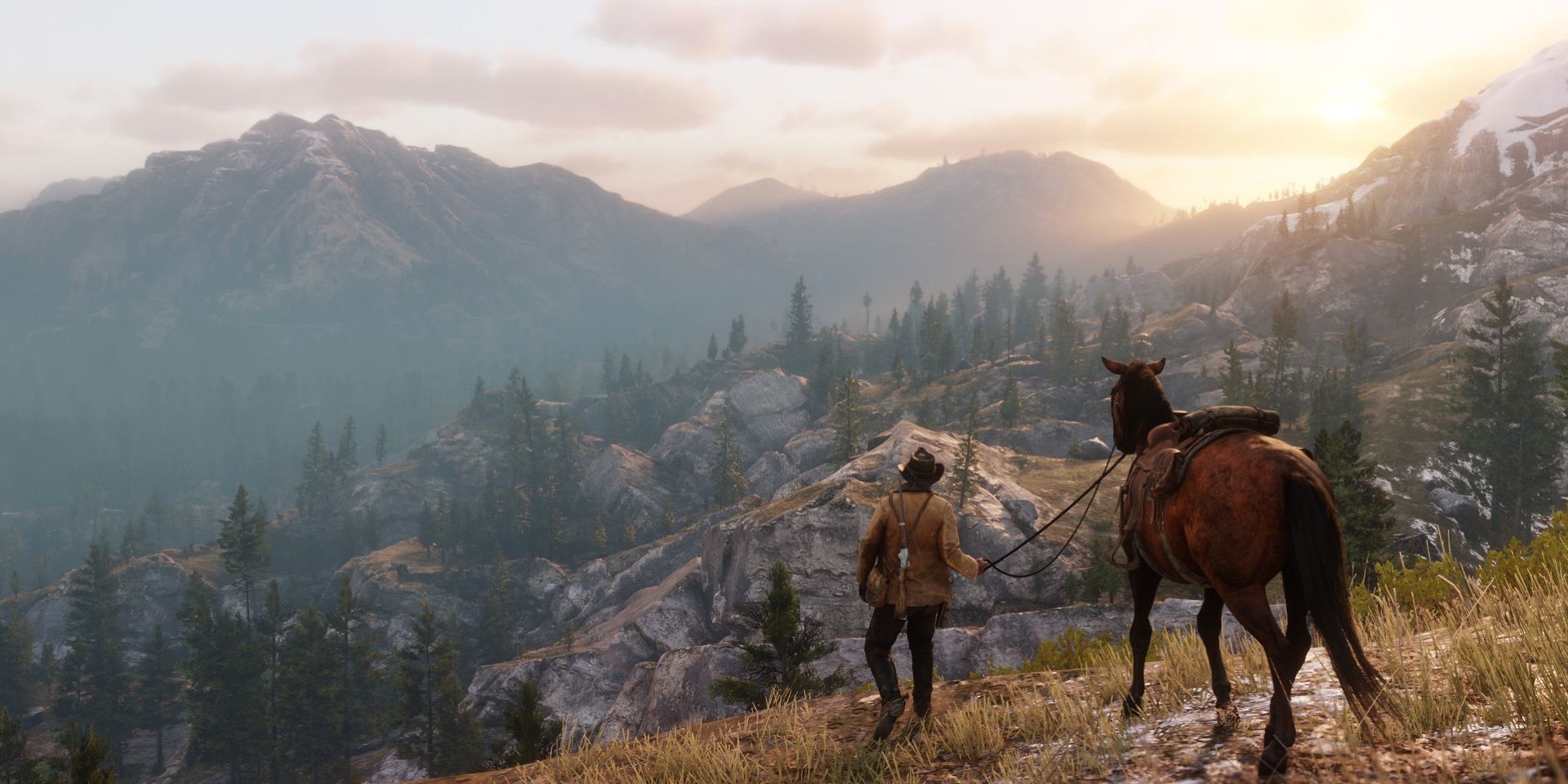 Arthur Morgan and his horse looking out from a mountainside in Red Dead Redemption 2 