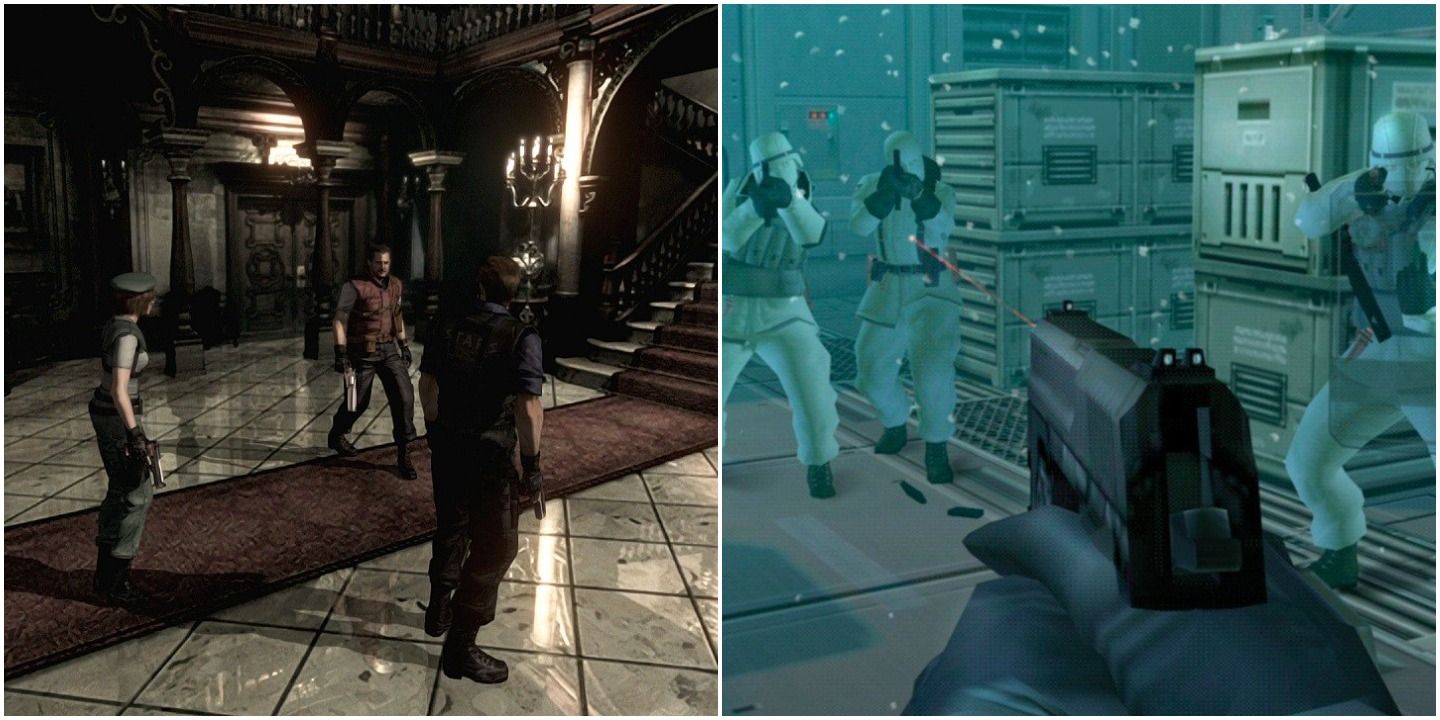 A collage showing gameplay from the remakes of Resident Evil and Metal Gear Solid