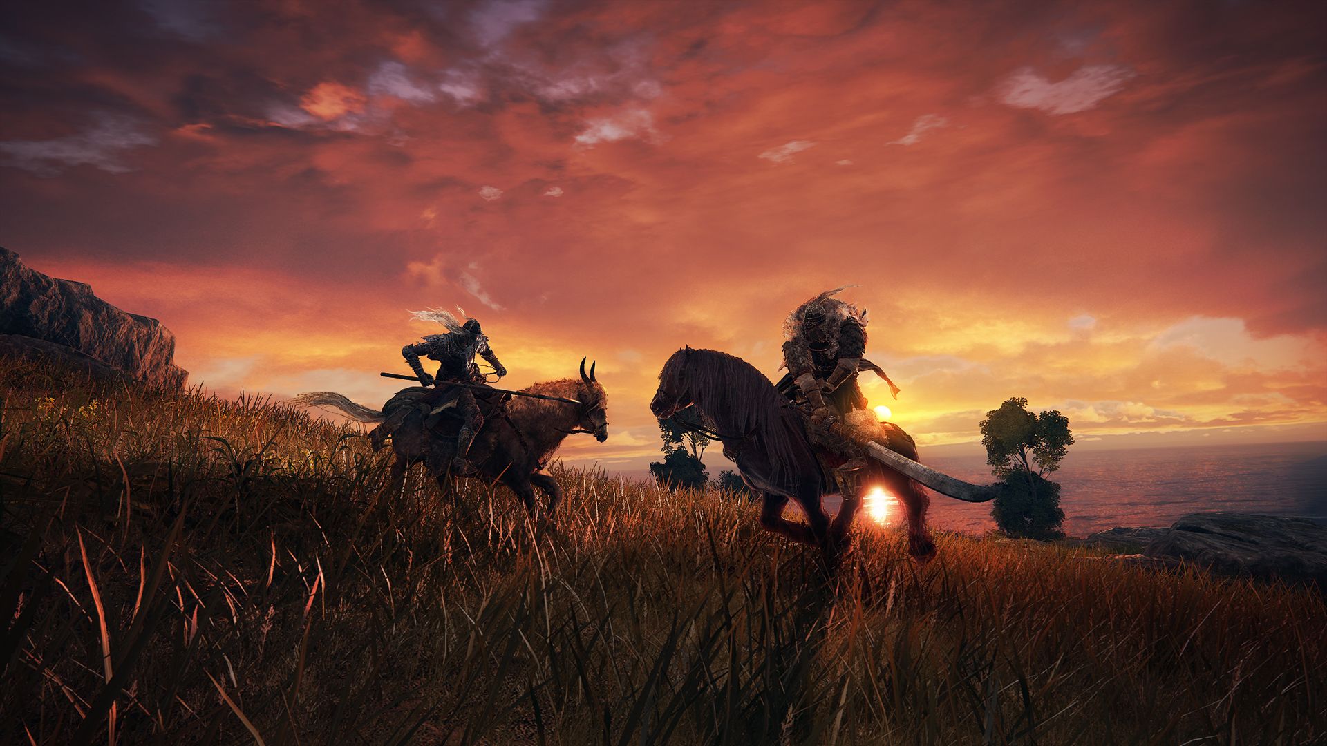 The player riding a horse, about to attack a mounted enemy.