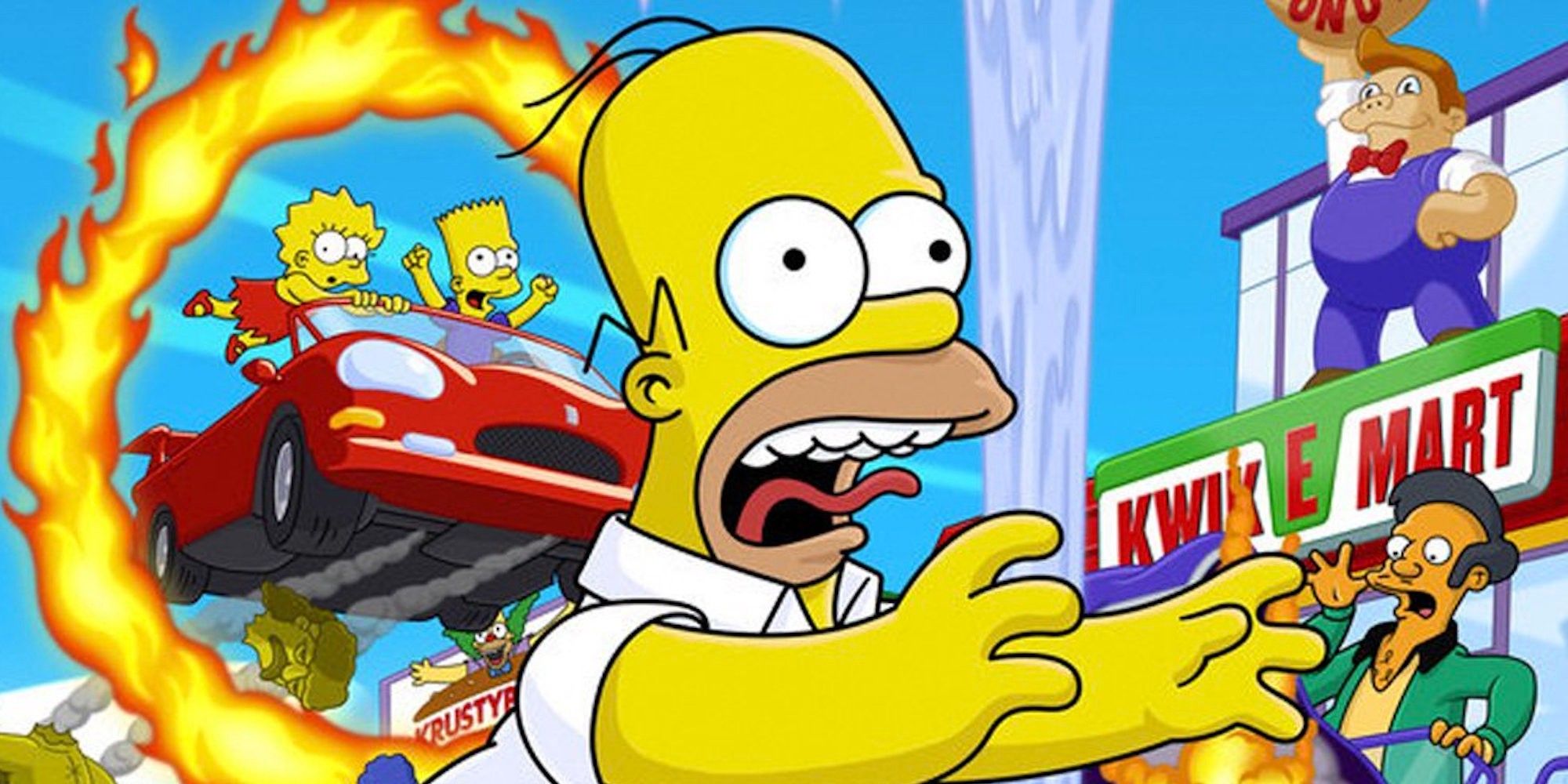 Homer screaming and running away from car in The Simpsons: Hit and Run Box Art