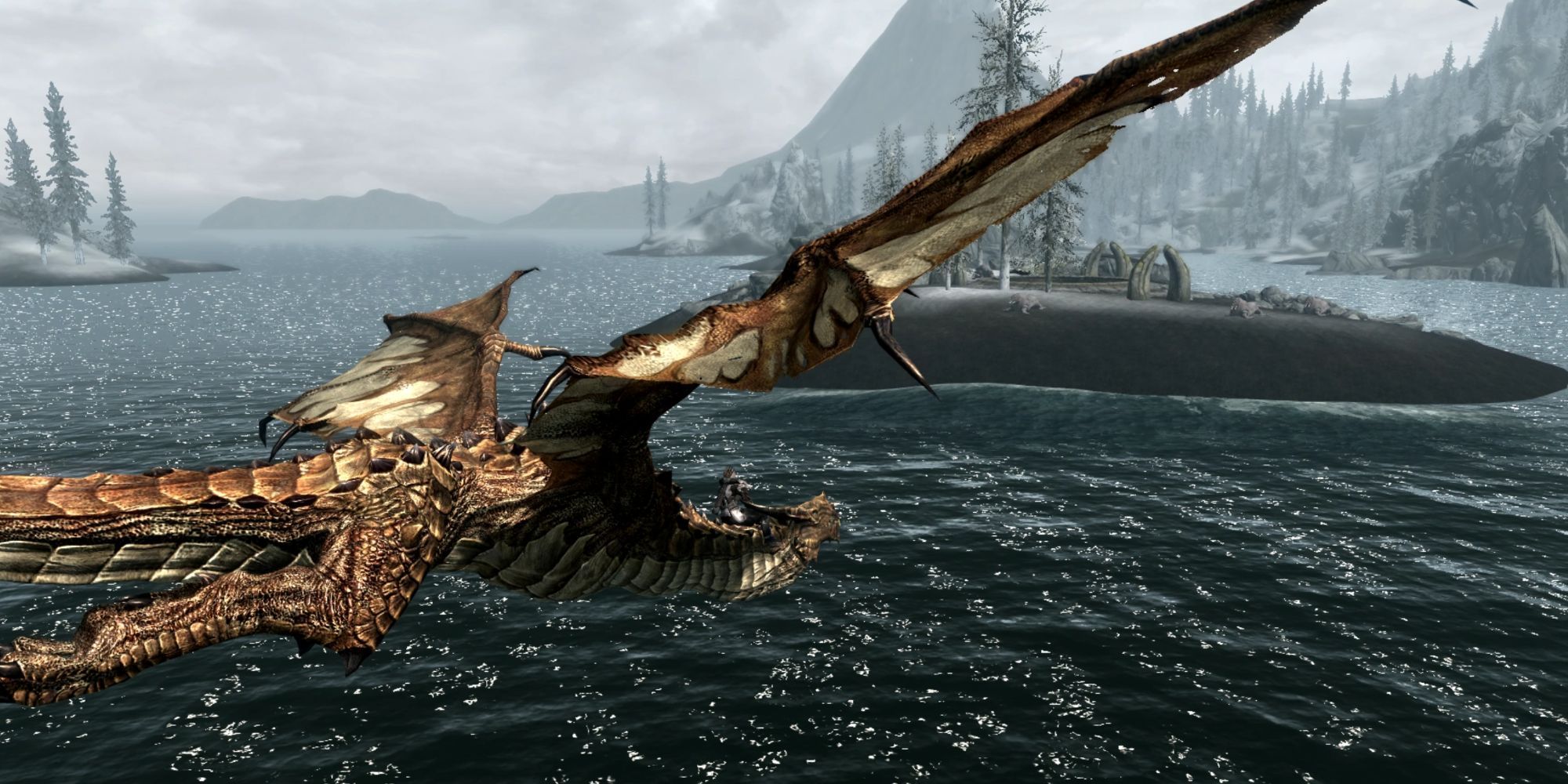 Skyrim Character Riding A Dragon Over Water