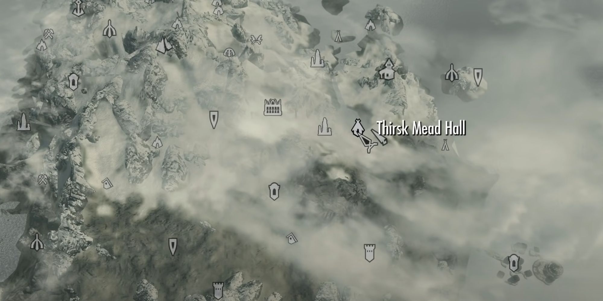 A screenshot showing where the Thirsk Mead Hall is located on Solstheim.