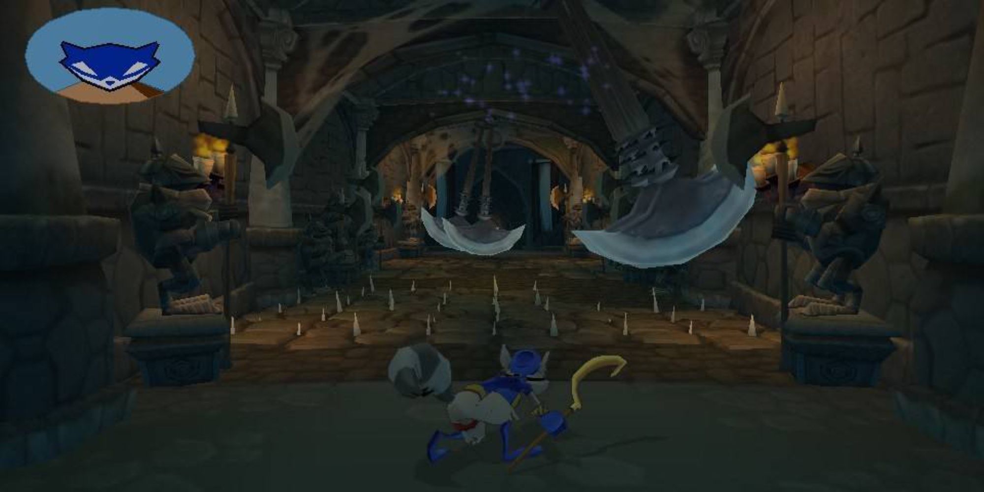 Sly Cooper facing swinging axe puzzle
