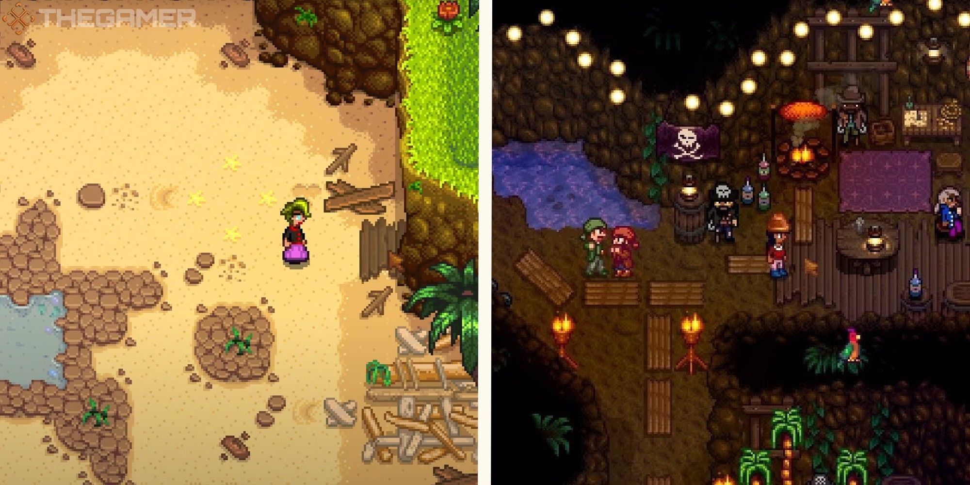 image of player outside of pirates cove next to image of player inside the cove with the pirates