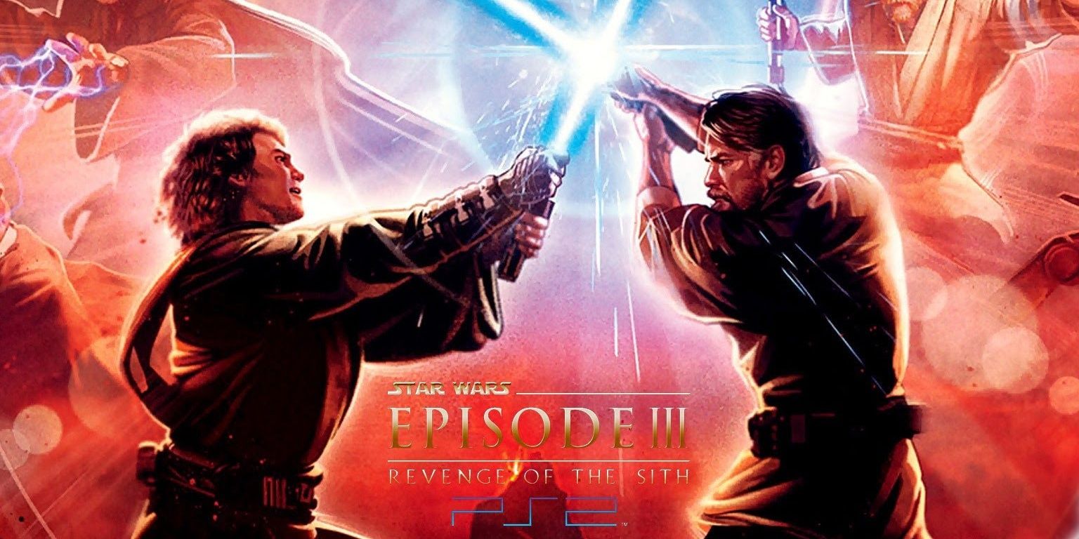 Star Wars Episode 3 Revenge of the Sith PS2 art Anakin dueling Obi-Wan with lightsabers promotional art