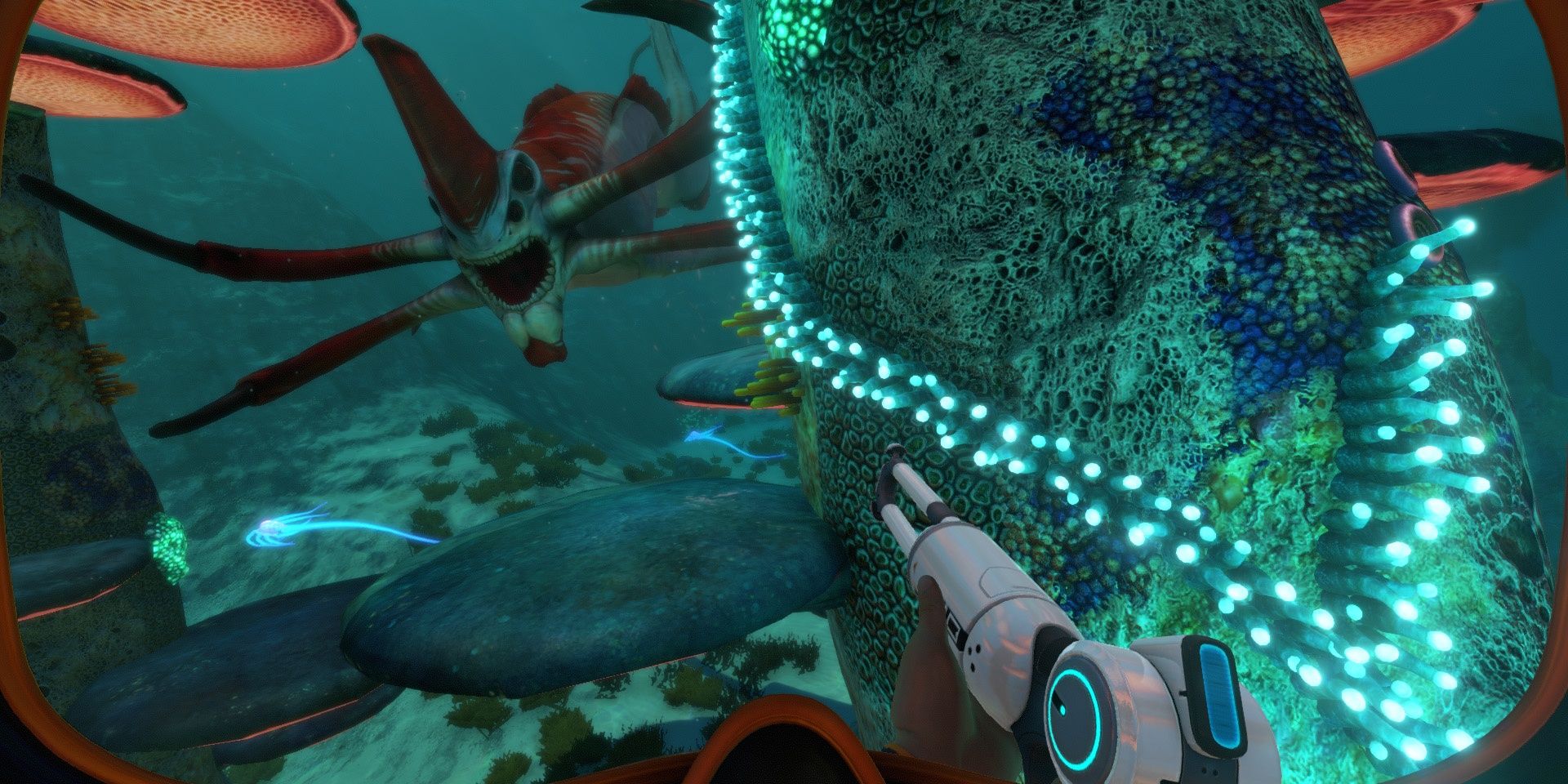 A screenshot showing the player facing a leviathan in Subnautica