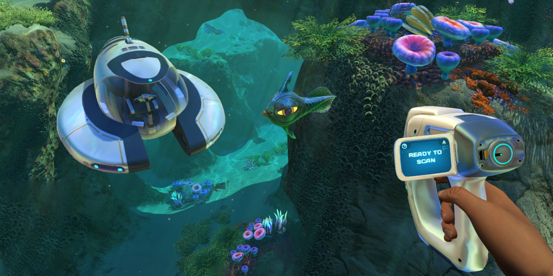 A screenshot showing the player holding a scanner in Subnautica