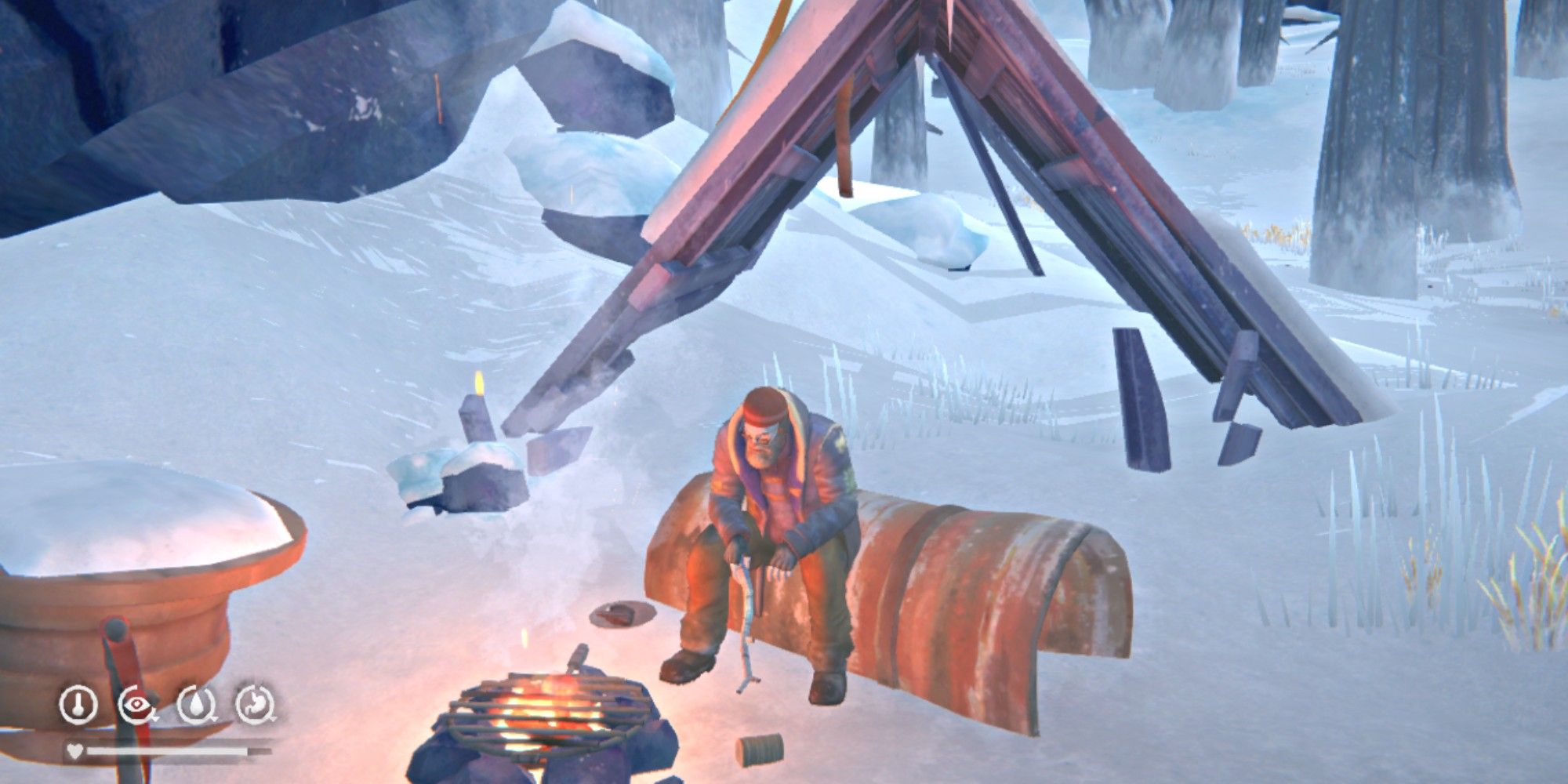 A character sitting by a campfire in The Long Dark.