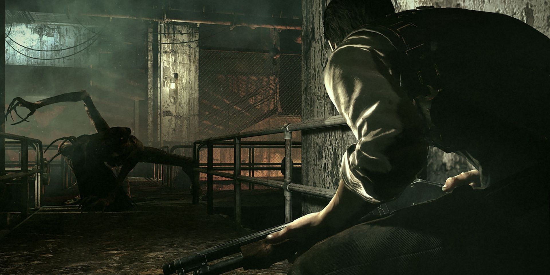 The Evil Within screenshot showing Sebastian and monster