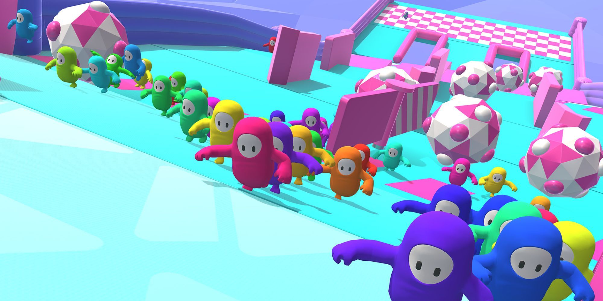 Fall Guys official video game screenshot multicoloured jellybean racing running from boulders