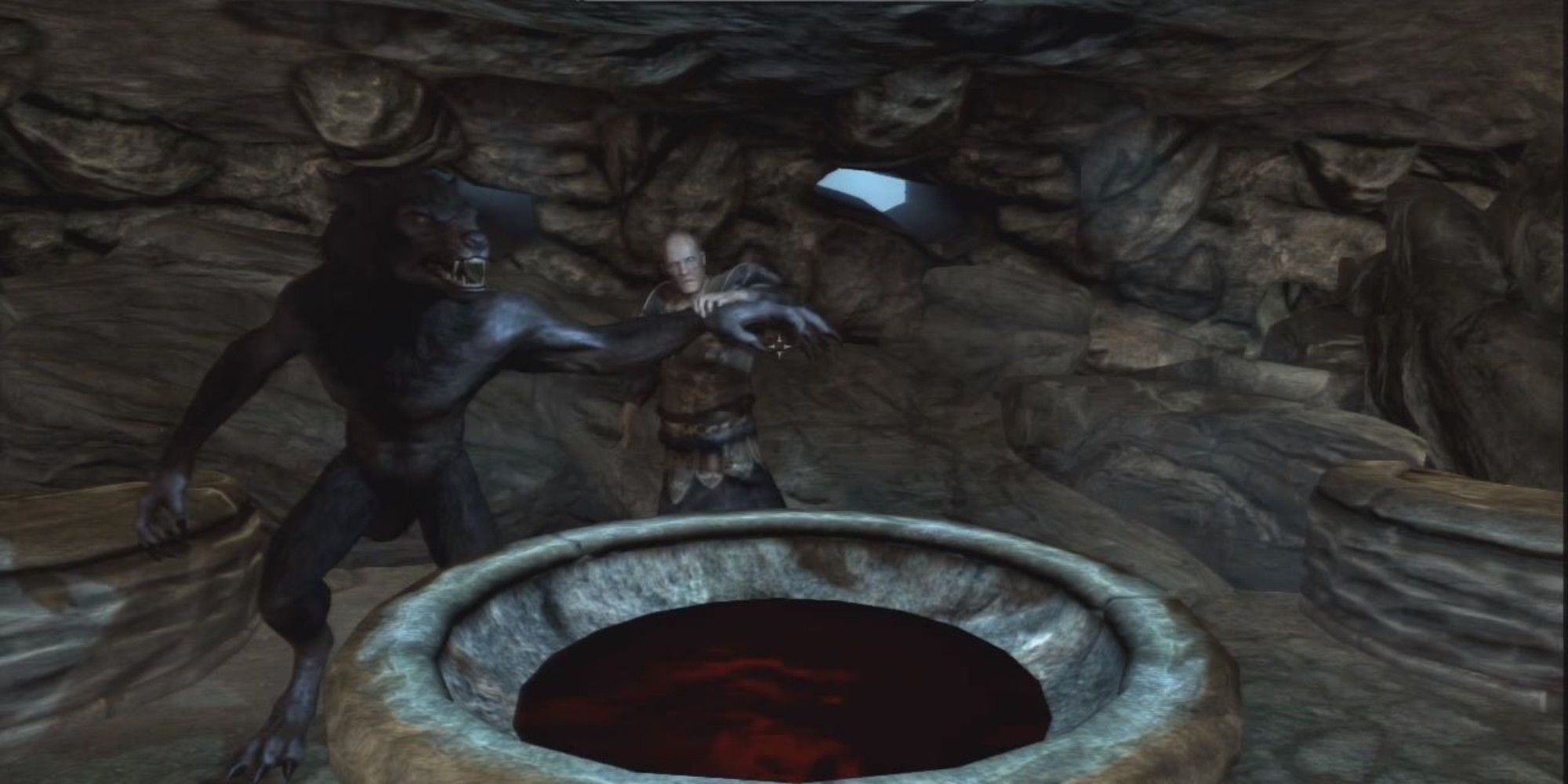 Skyrim: An image of a werewolf and a human performing a ritual