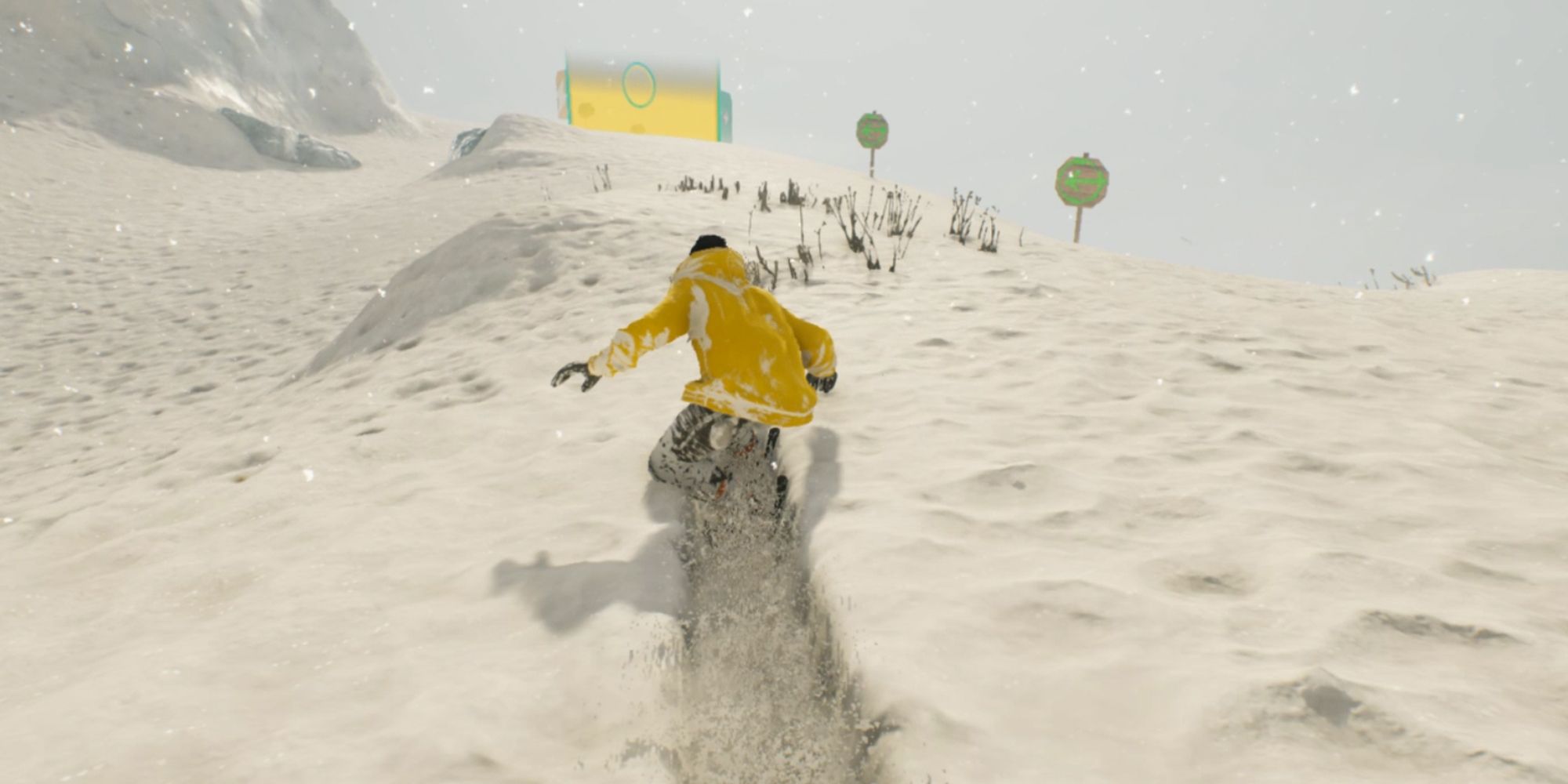 Riders Republic. Snowboarding in deep snow. Bright atmosphere. Wearing yellow jacket.