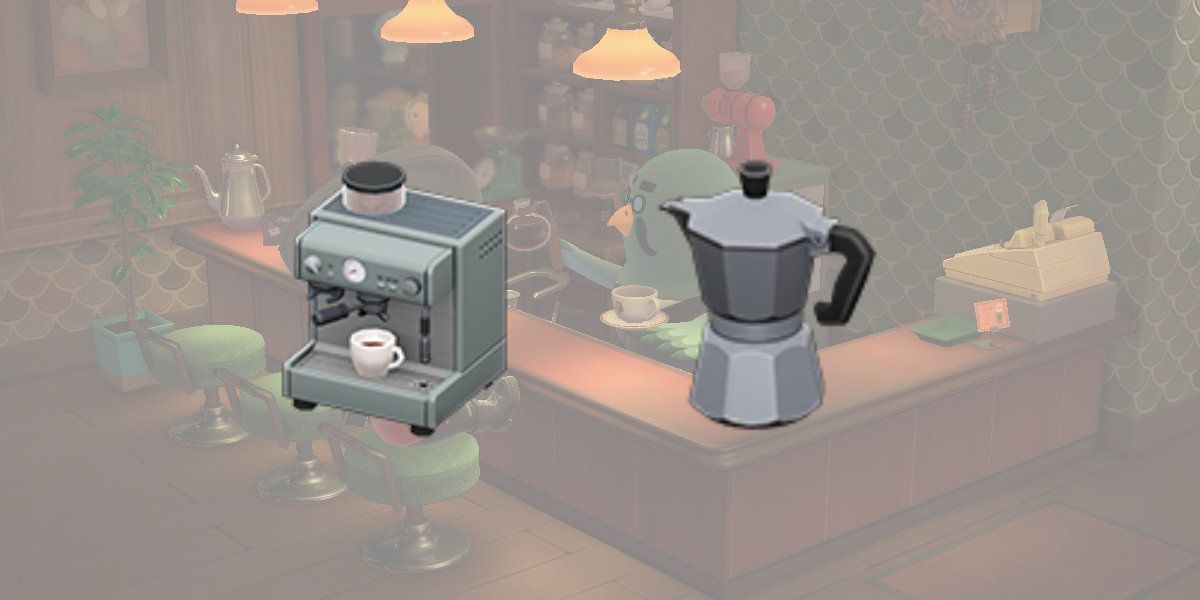 ACNH Espresso makers on faded roost background