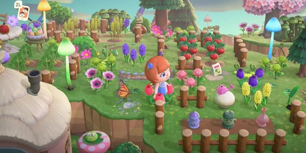 animal crossing new horizons villager in flower garden with gyroids