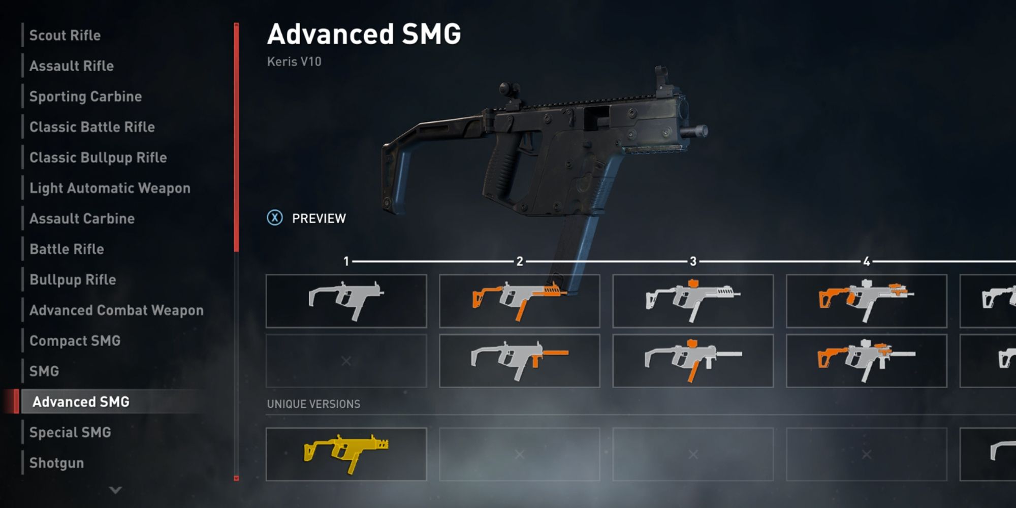 World War Z. Screenshot of the Advanced SMG weapon loadout screen.