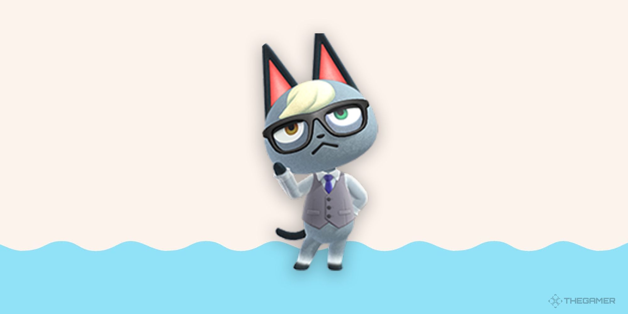 Animal Crossing's Raymond on a white and wavey background