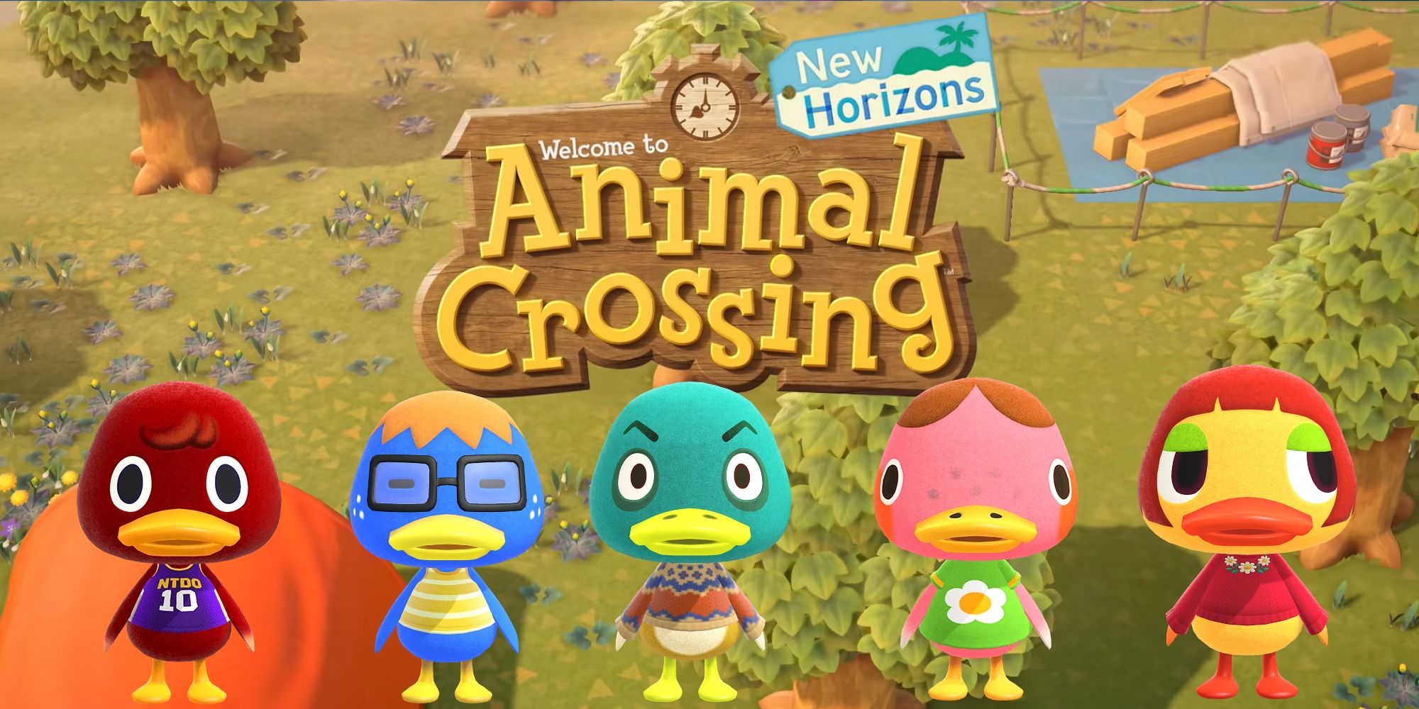 Animal Crossing title screen with multiple ducks superimposed over it