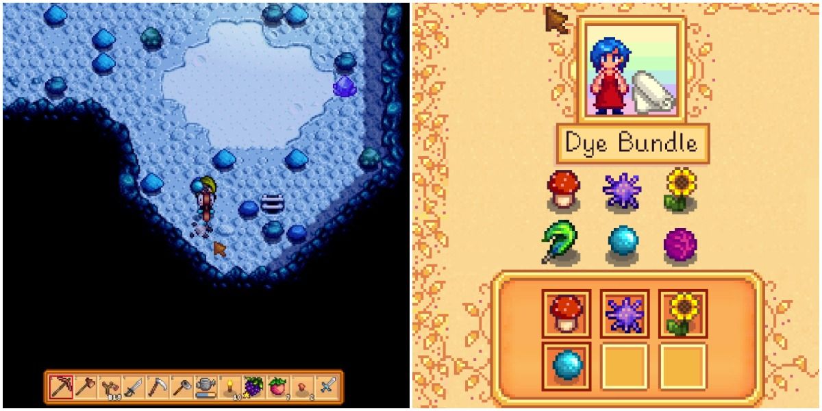Stardew Valley villager in mines with aquamarine and Emily dye bundle