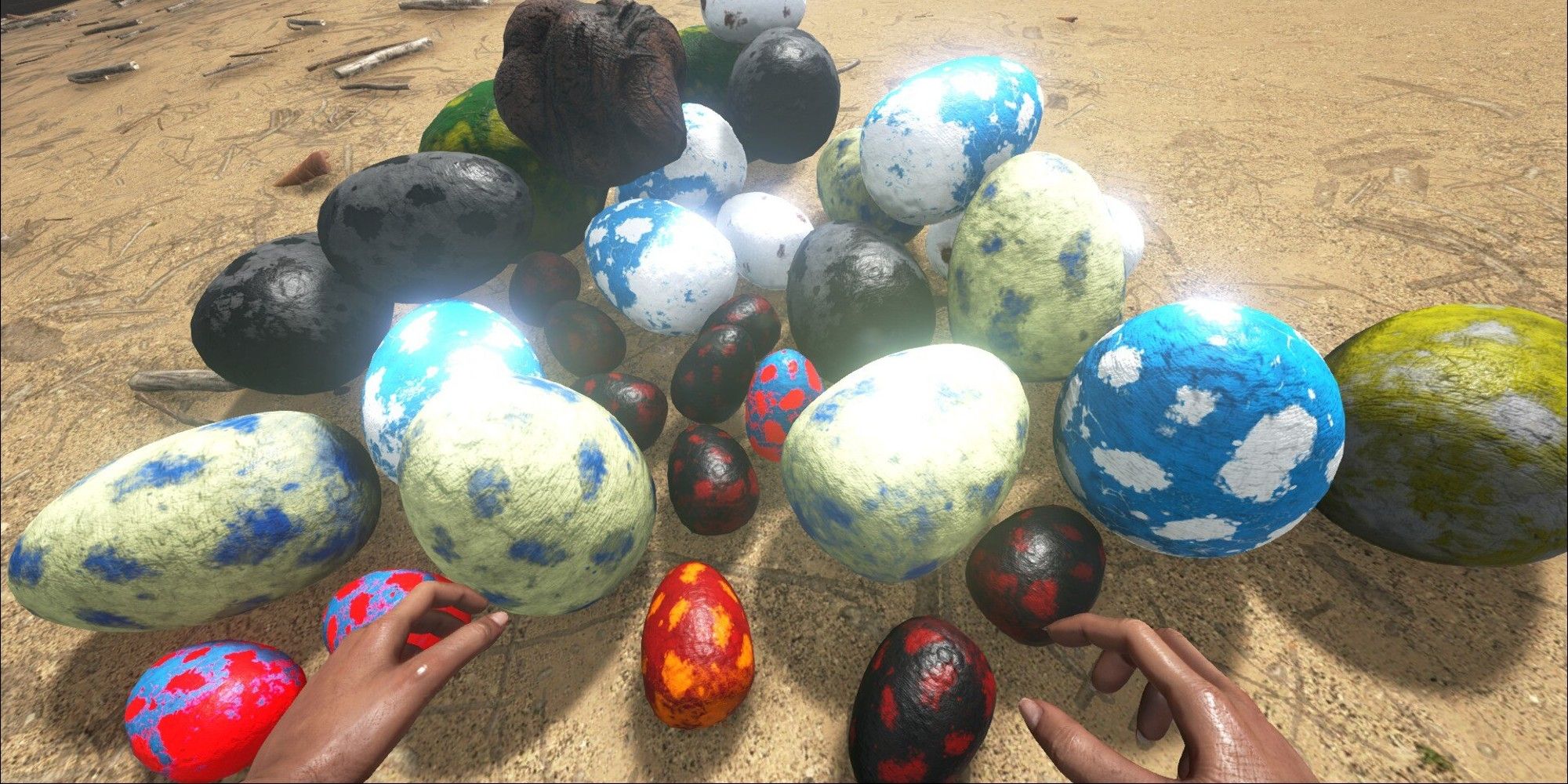 pile of colorful eggs on ground